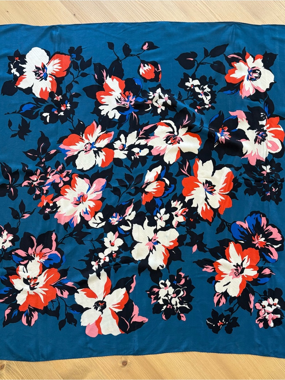 Teal Floral Silk Scarf with White & Coral Blooms